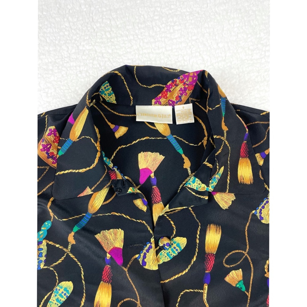 (VTG) CHRISTIE & JILL • Black Tassel Print Long Sleeve Blouse, 8 - Picture 14 of 15